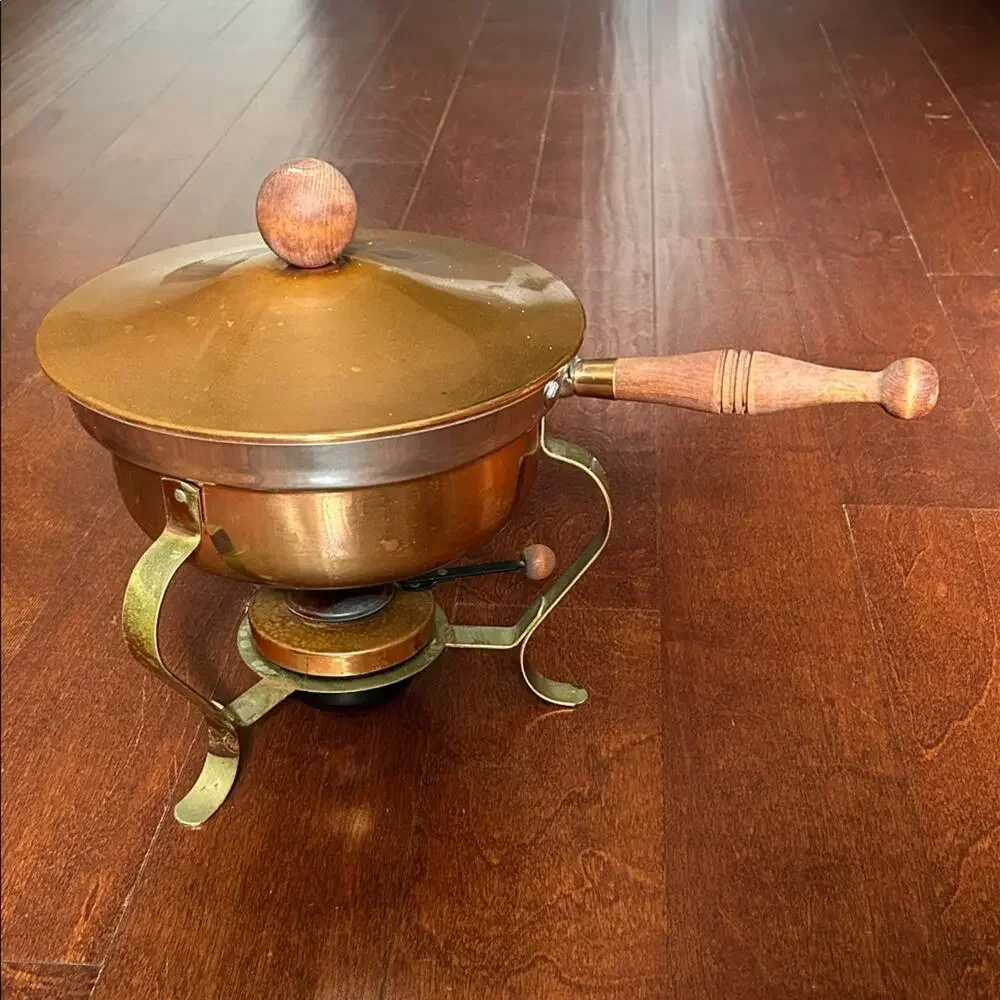 Vintage Brass Chafing Set, Copper with a Wooden Handle, Mid Century Modern